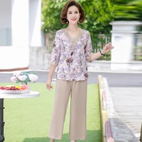 mother summer half sleeve t shirt ops wide leg pants middle aged women clothes two pieces of suits female age 2 pieces set