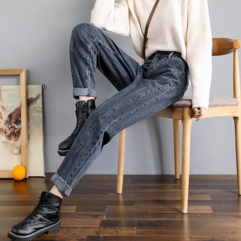

2023 Winter Jeans for Women Velvet Thick Warm Pants High Waist Fleece Fashion Straight Vintage Wide Leg Harem Denim Trousers Y14