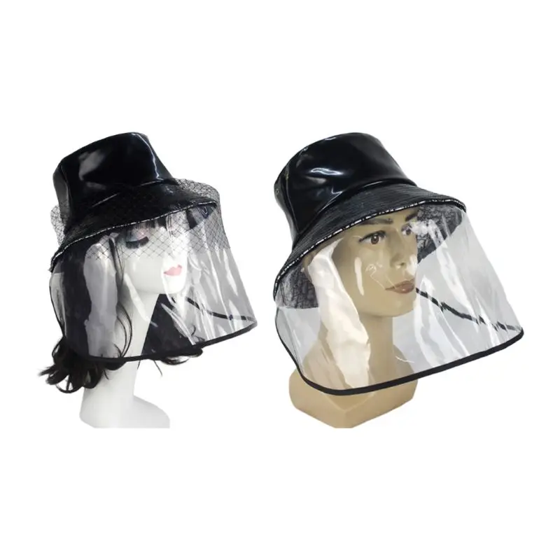 

Couple Faux Leather Bucket Hat TPU Clear Face Shield Anti Spitting Mesh Veil Cap