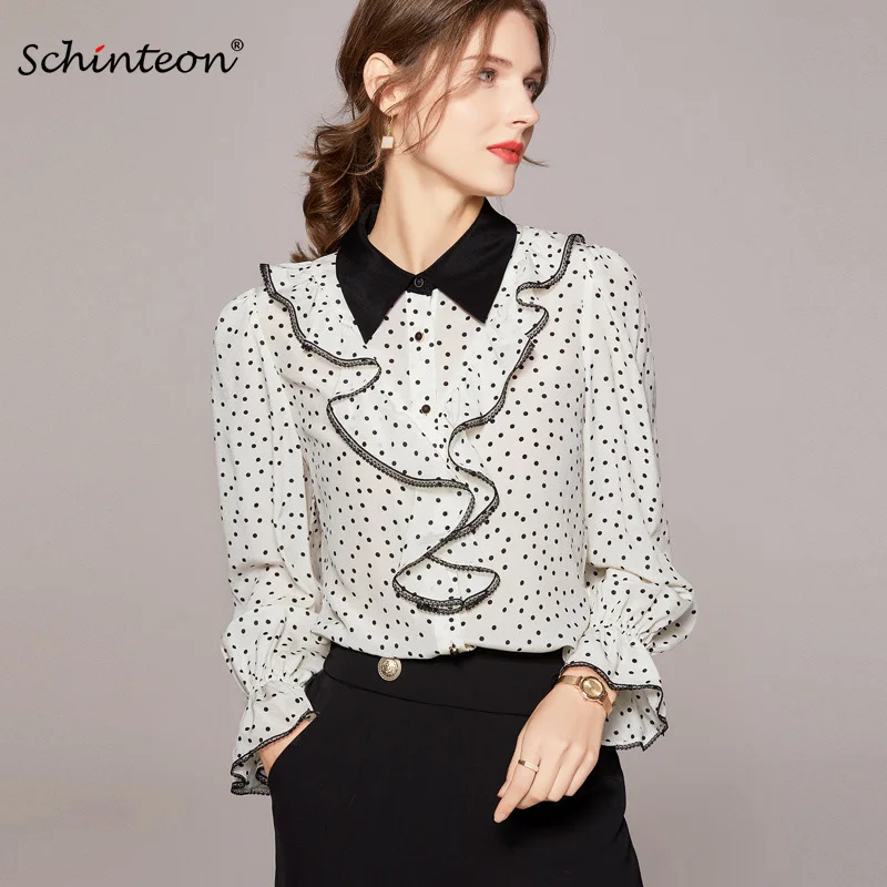 

Schinteon Women 100% Real Silk Polka Dot Shirt Turn-Down Collar Ruffles Long Sleeved Blouse Office Lady 2022 Spring Summer Top