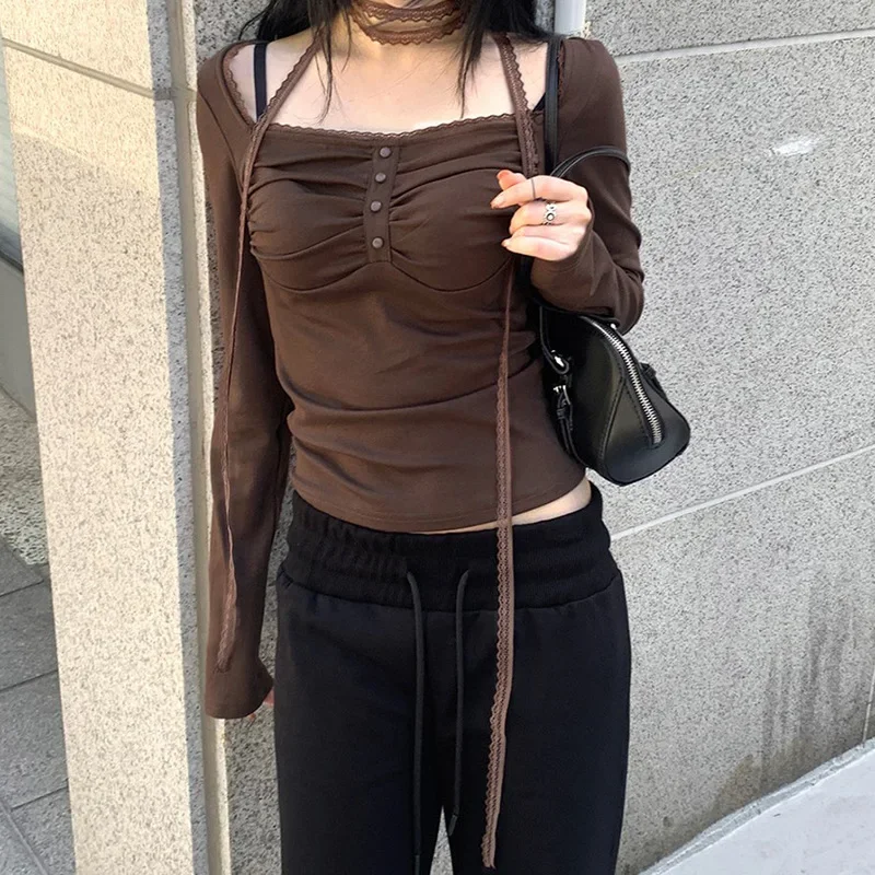 Модные повседневные женские топы с длинными рукавами на шнуровке однотонные