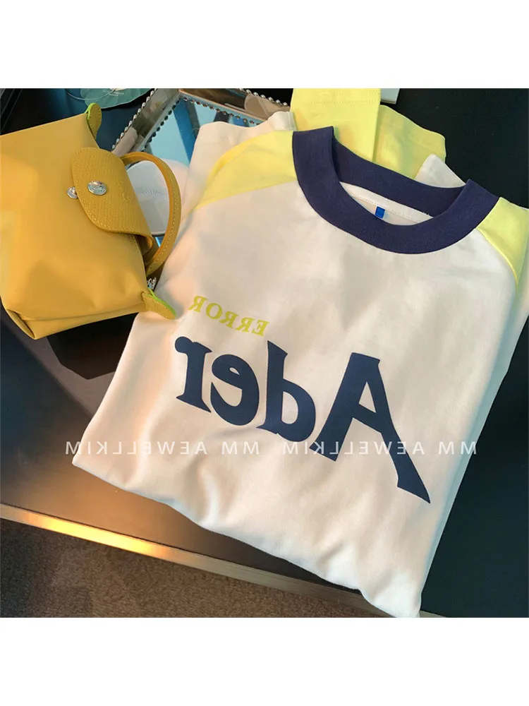 

Женская футболка в стиле пэчворк, свободная Весенняя футболка контрастных цветов с круглым вырезом и длинным рукавом, 2023