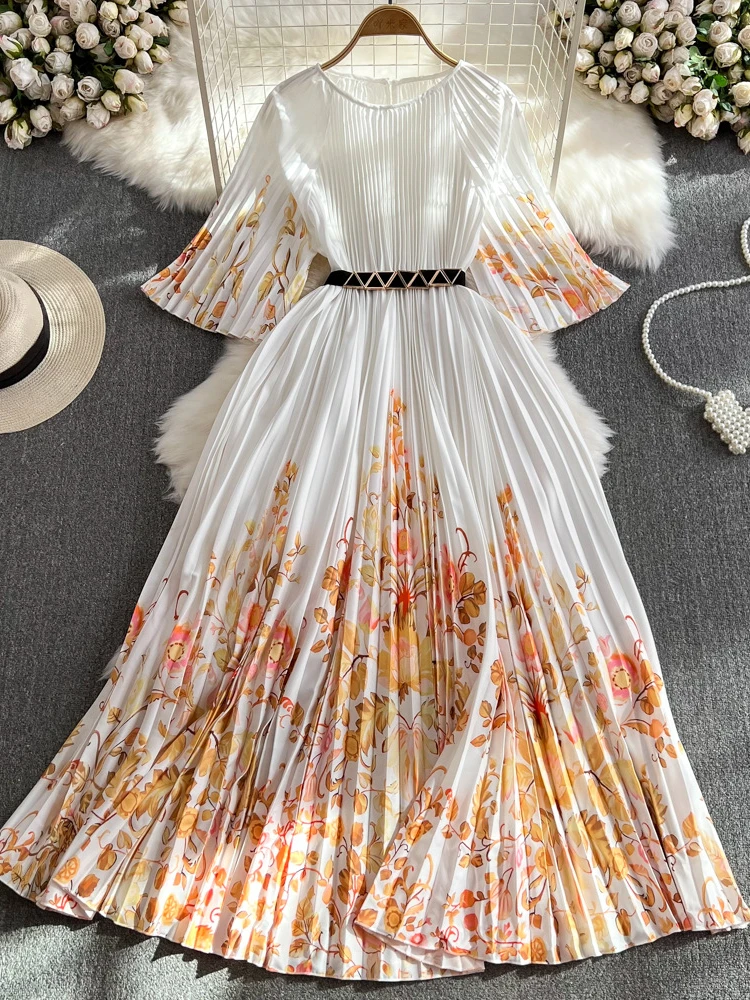 Женское плиссированное платье Летнее Длинное с полурукавами и круглым вырезом