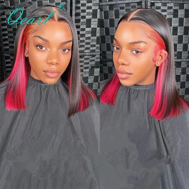 Human Hair Wig 13x4 Short Bob Lace Frontal Wigs Pink Red Highlights Ombre Colored Virgin Straight Wig Sale PrePlucked 150% Qearl
