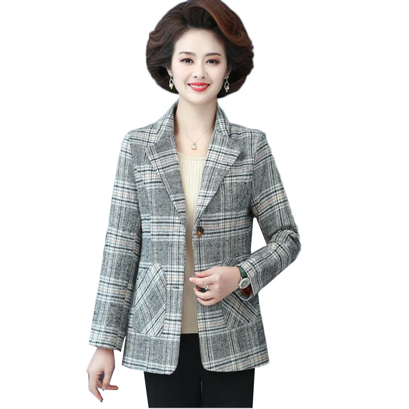 

2023new Female Wool Coat Middle Age Mother Short Jacket Spring Autumn Plaid Casual Outfear Female Blazers Tops Mujer Coats 5xl