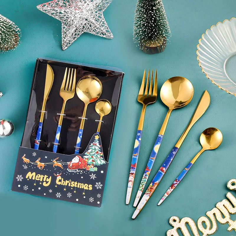 Christmas Element Stainless Steel Coffee Spoon Dessert Fork Creative Engraving Present Package Delicate Suit Camping Applicable