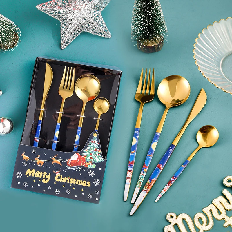 

Christmas Element Stainless Steel Coffee Spoon Dessert Fork Creative Engraving Present Package Delicate Suit Camping Applicable