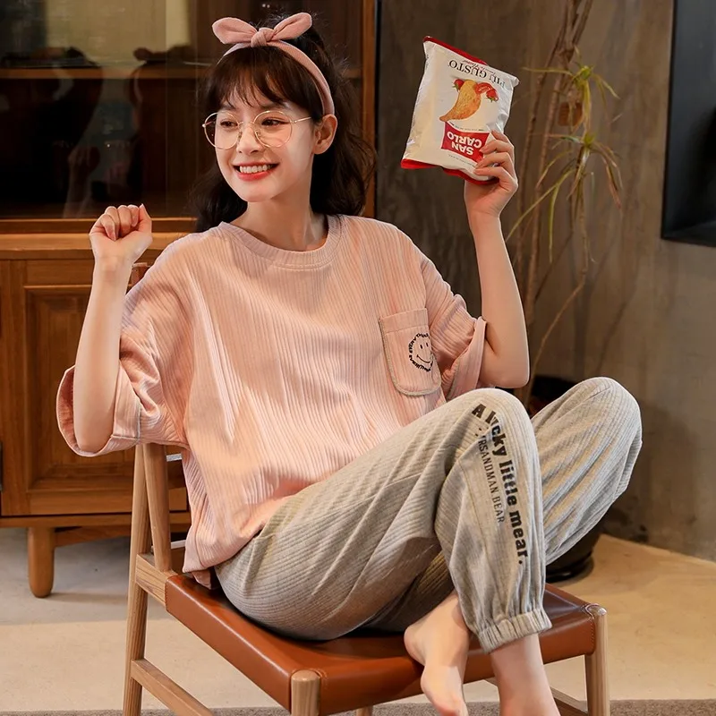 

New Pajamas for Women Summer6535Cotton Short-Sleeved Trousers Two-Piece Suit Korean Cartoon Home Wear Can Be Worn outside