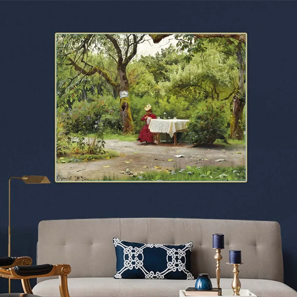 Картина маслом Peder Monsted &quotСадовая вечеринка с элегантной женщиной в красном