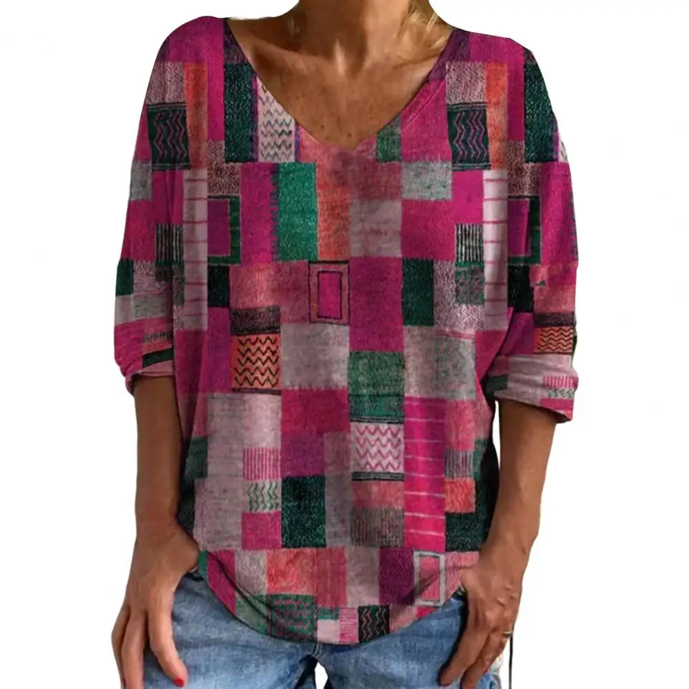 

Женская винтажная блузка в этническом стиле, свободная рубашка с рукавом 3/4 и V-образным вырезом, элегантная Винтажная футболка в уличном стиле, весна-лето