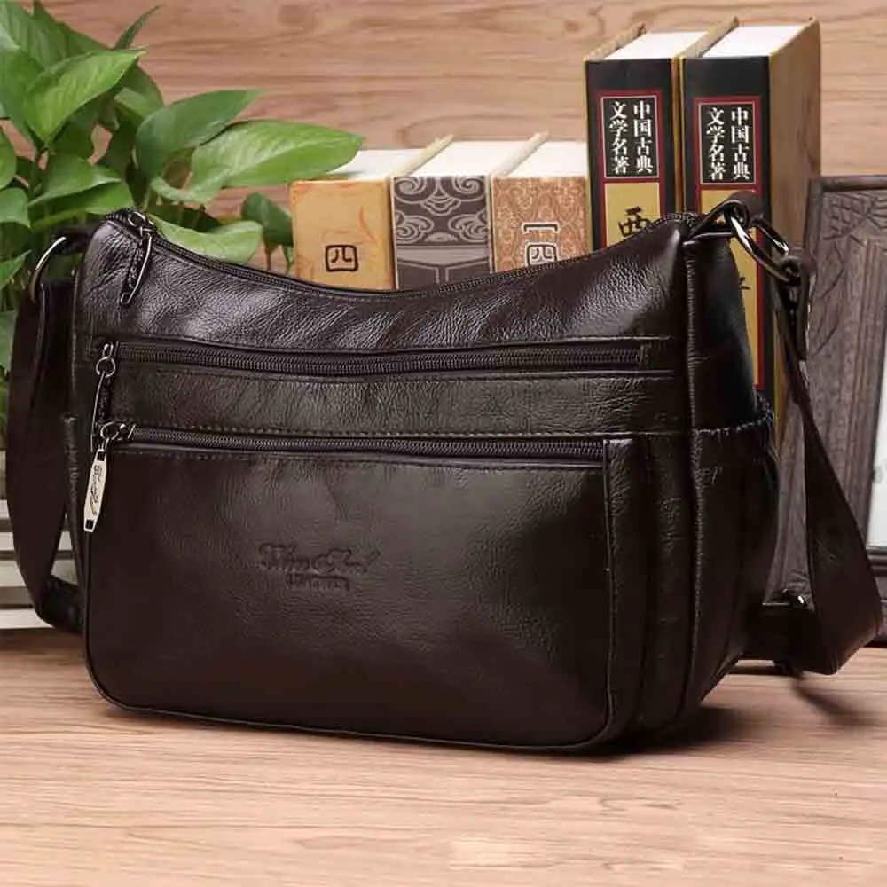 Motingsome Luxury Genuine Leather Handbag for Women Fashion Multiple Zipper Compartments Shoulder Messenger Bag Satchel 2023 New
