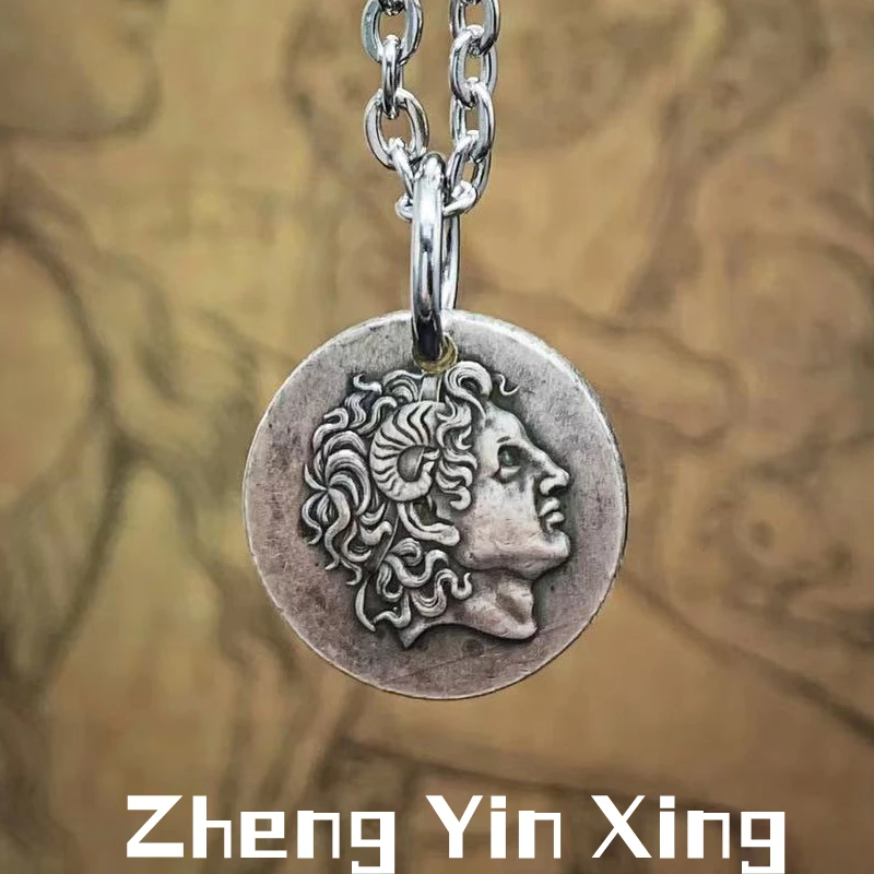 

Vintage Coin Necklace Alexander Silver-plated Coin Athena Victory Goddess Alloy Pendant Temperament Round Card Pendant