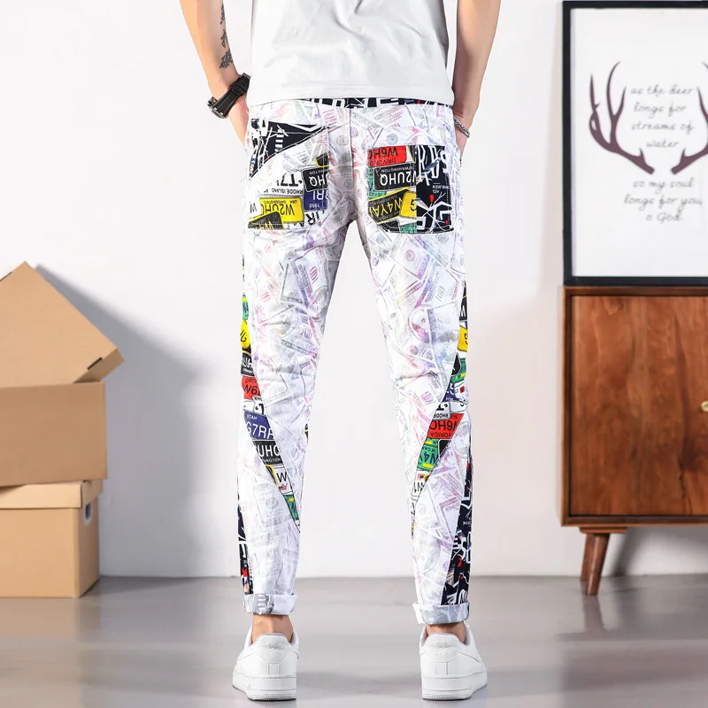 2023 New Men's Personalized Printing Fashion Brand Jeans Men's Slim Fit Panels Elastic Graffiti Fashion Cotton Pants