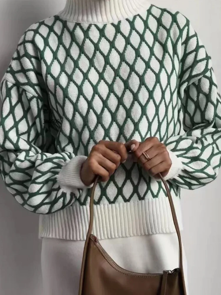 

Plaid Winter Pullover Women Casual Loose Knitted Sweater Elegant Vintage Long Sleeve Knitwear Female Fashion Thick Warm Jumper