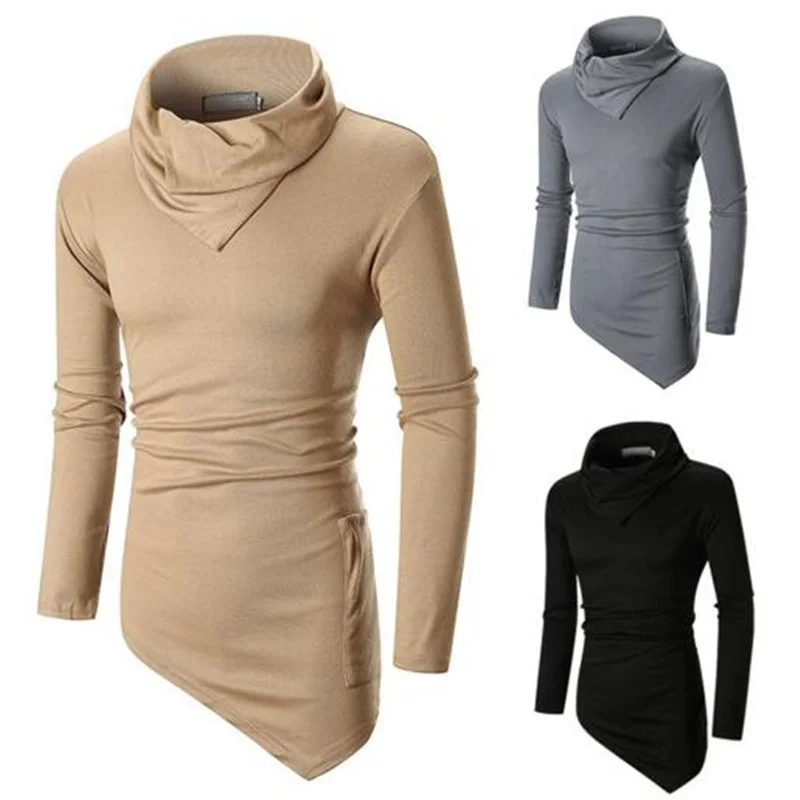 

Hot Sale Fitness Casual Streetwear Tshirt Men High Collar Long Sleeved Tshirts Top Men t Shirt Hem Irregular Design Got
