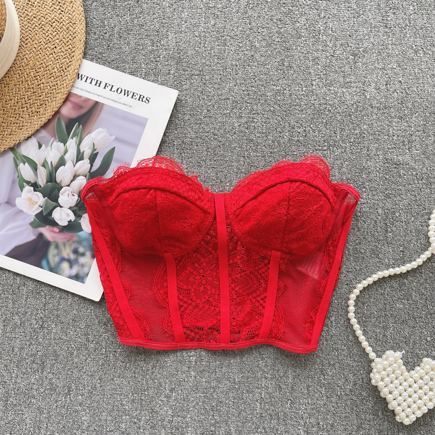 

Топ женский сетчатый кружевной, без бретелек, с открытой спиной