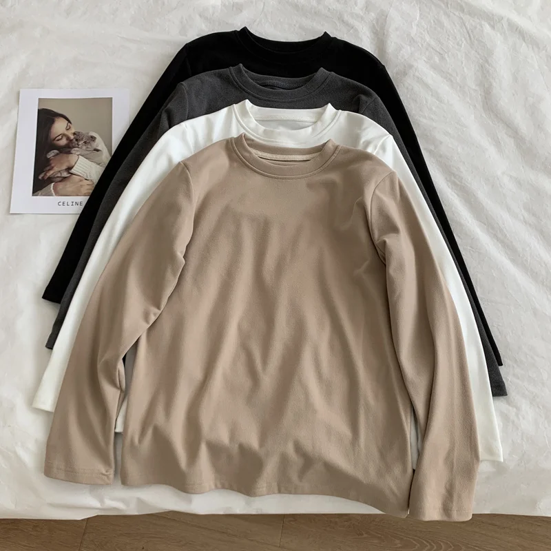 Korean Sle Simple Basic Solid Dralon round Neck Long sleeve Bottoming Shirt Women Loose Inner wear Thick Warm T-shirt Winter