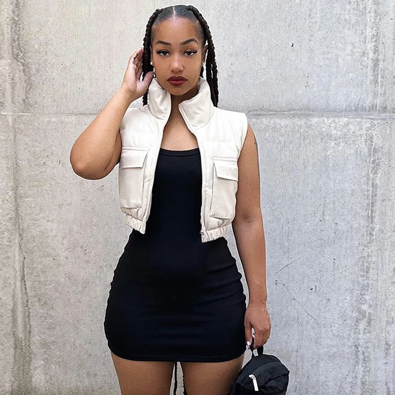 

Solid Casual Coat Vest Women Hipster Zipper Stand Collar Concise All-Matching Sleeveless Padded Jacket Tops Female Streetwear