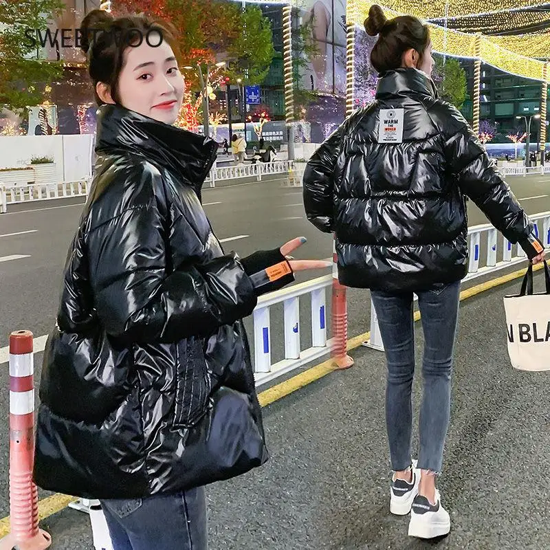 Women's cotton coat Short Stand-up collar 2022 New winter Korean version Glossy Loose Thicken Cotton puffer jacket ladies tide
