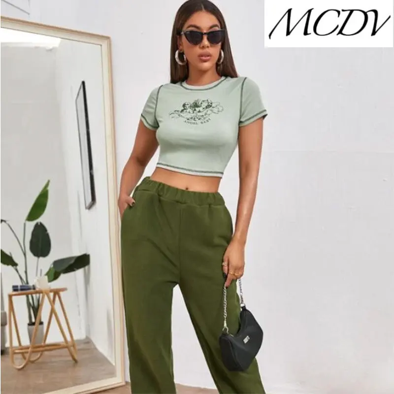 

MCDV Summer European Style Personality Women's New Sexy Slim Round Neck Short Sleeve Printed Crop T-shirt