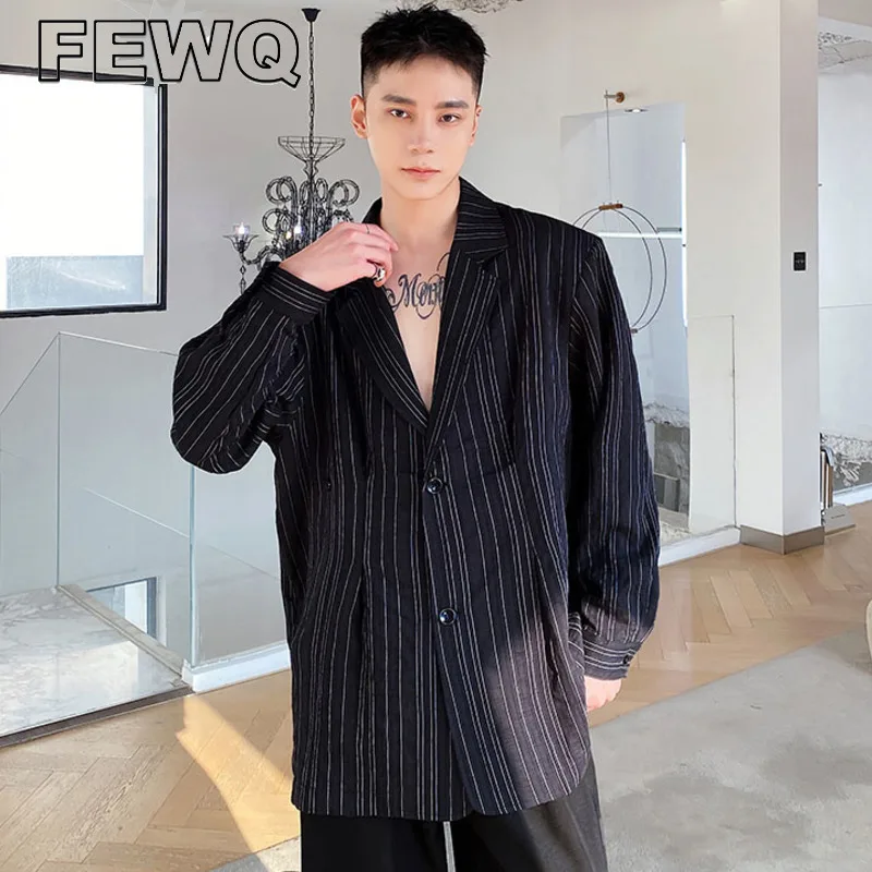 

Мужской плиссированный пиджак FEWQ, Корейская рубашка в полоску с длинным рукавом, повседневные топы, новая куртка в стиле ретро, осень 2023, 24D3148