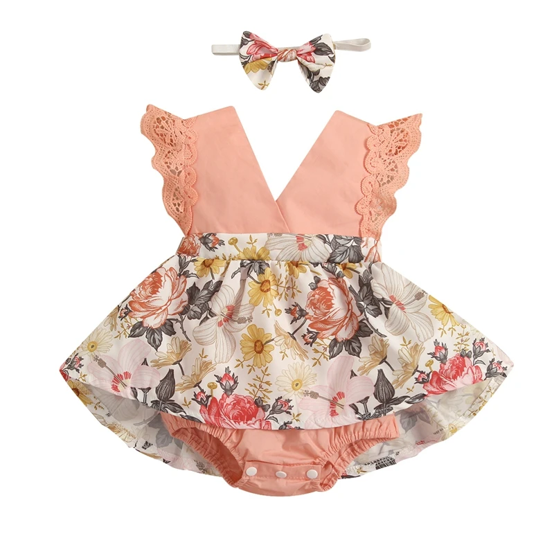 

Baby Girls Summer Outfit Sets Lace Sleeve V Neck Floral Patchwork Tutu Romper + Headband