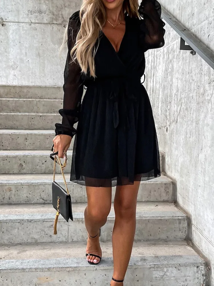 

Женское однотонное платье с глубоким V-образным вырезом и длинным рукавом, элегантное женское облегающее вечернее платье на шнуровке, весен...