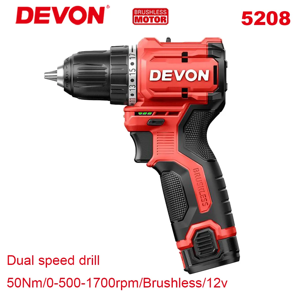 Беспроводная электрическая дрель Devon 5208, бесщеточный двигатель 12 В, 50 нм, 1700 об/мин, двойной скоростной крутящий момент, регулируемая платформа с аккумулятором Share Devon