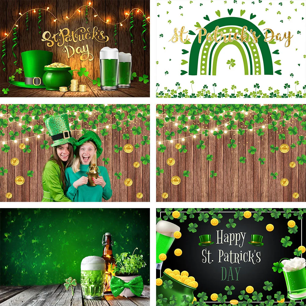 

St. Patrick's Day Backdrop Decor Irish Green Lucky Shamrock Gold Coin Beer Photography Background Studio Banner Props Photophone