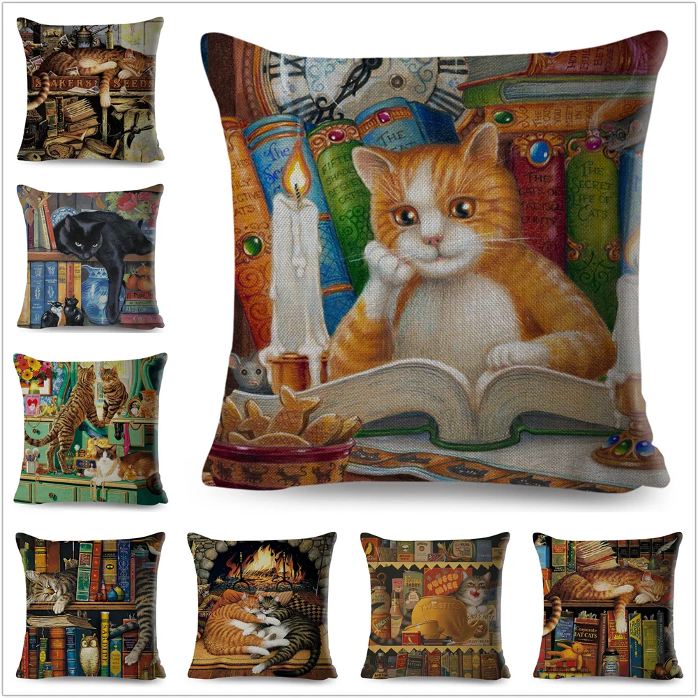 

45x45cm Cute Book Cat Party Cushion Cover Decorative Cartoon Animal Pillowcase Printing Sofa Home Pillowcase pillow case