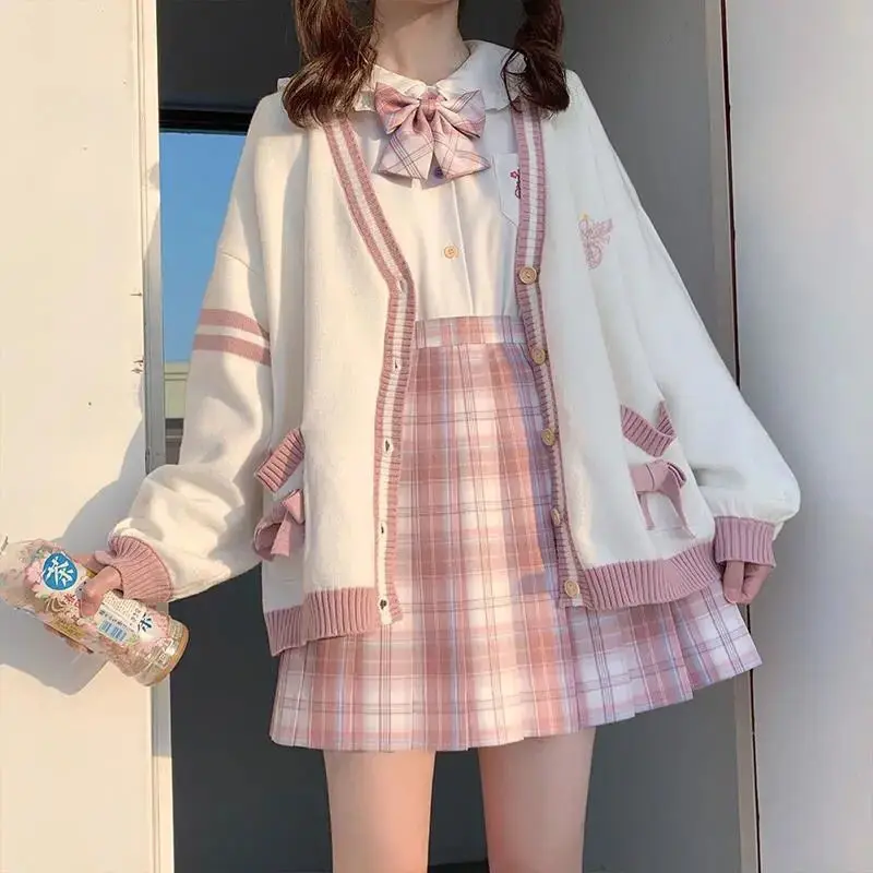 Winter Japanese Kawaii Fashion Pink Cardigan Women Harajuku Knitted Sweater Cute Bow Heart Korean College Style JK Uniform Coat