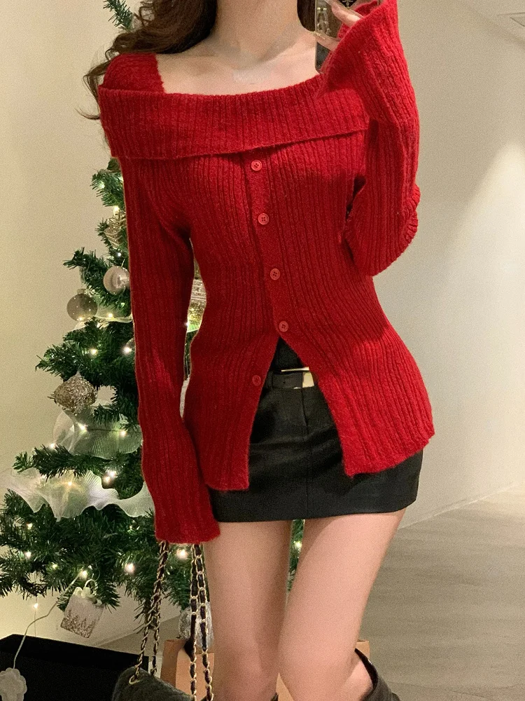 

Winter Red Casual Knitted Sweater Woan Sli Style Tops Office Lady Long Sleeve Fashion Pullover Design