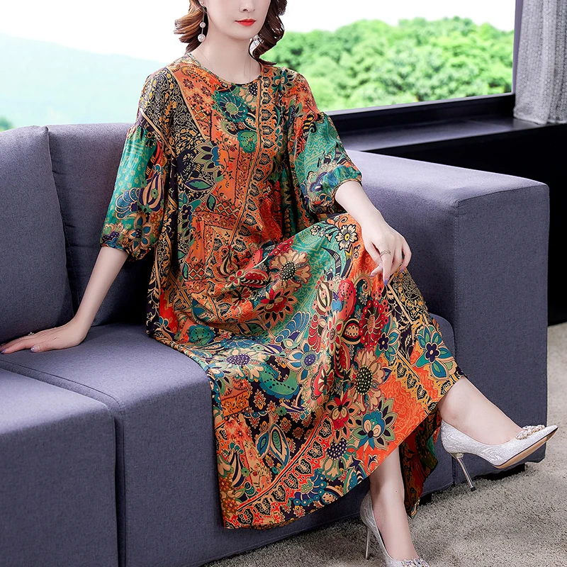 

Women's High-End Silk Dresses Spring 2022 New Long Dress Fashion Elegant Party Print Large Size Loose Slim Dress Vestidos