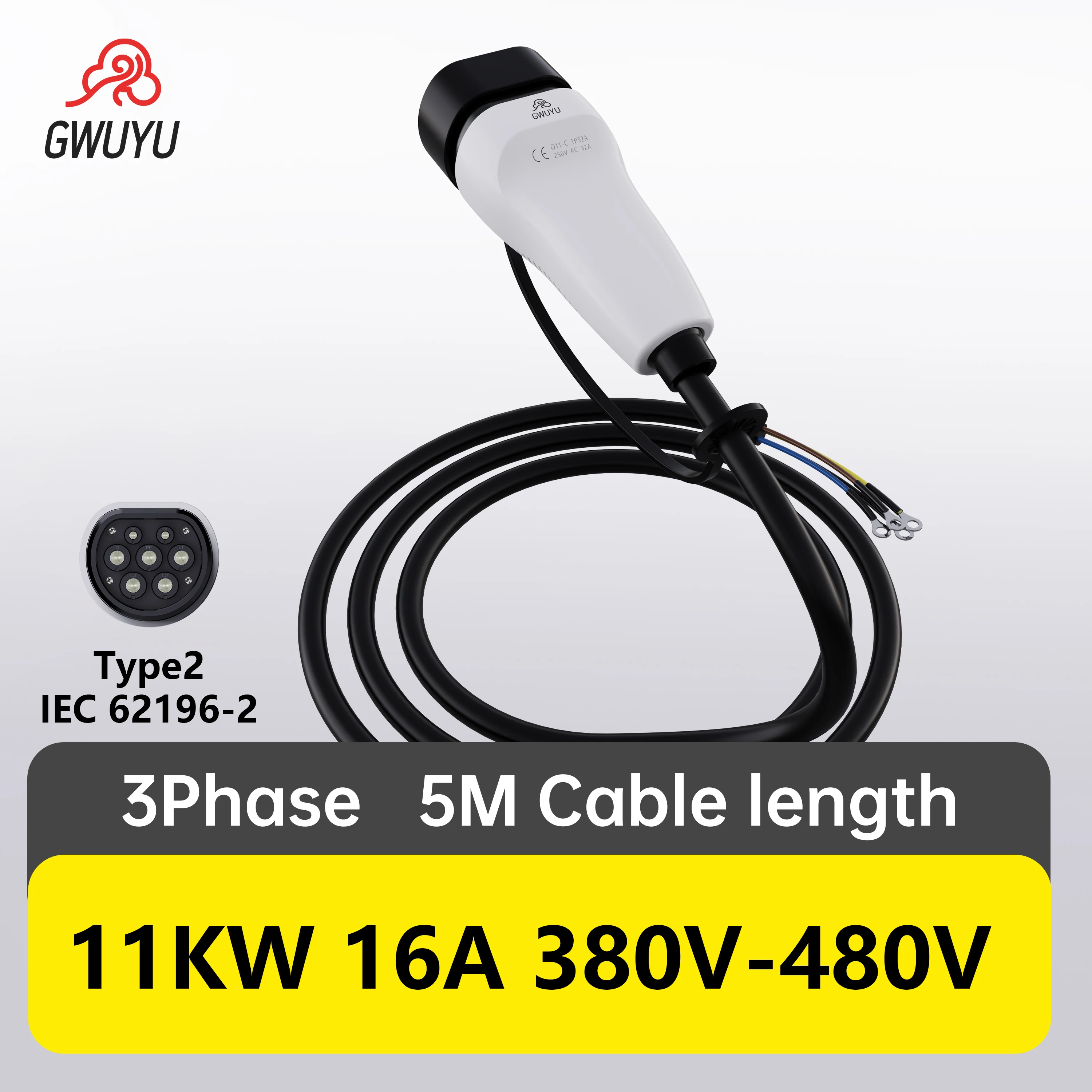 Вилка зарядного устройства GWUYU EV с кабелем 5 м 11 кВт 16 А тип 2 3-фазный разъем IEC62196-2