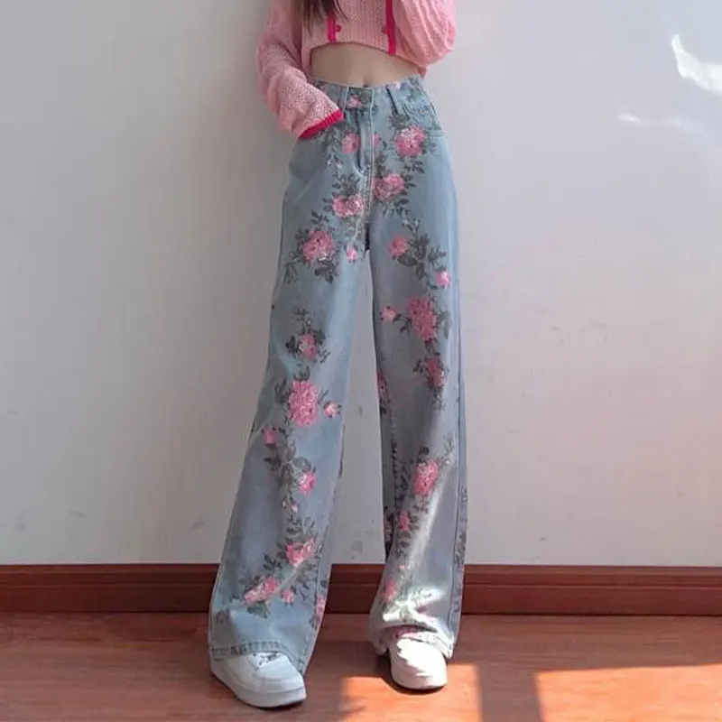 Flowers Print Jeans Women Vintage High Waist Denim Long Pants  Fashion Autumn Casual Wide Leg Full Length Denim Trousers