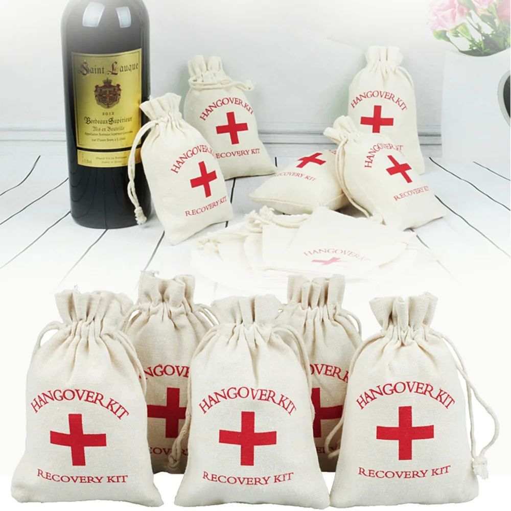 10Pcs Hangover Kit Bags Wedding Favor Holder Bag for Guests Gift Red Cross Cotton Linen Pouches Kit Event Party Supplies