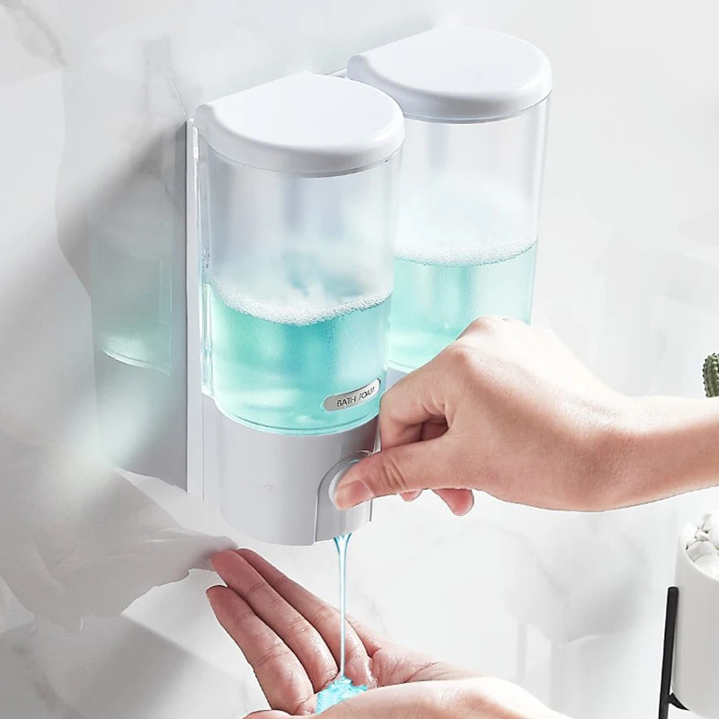

Double Head Soap Dispenser Bathroom Wall Mount Shower Shampoo Lotion Container Holder Non Perforated 400ml