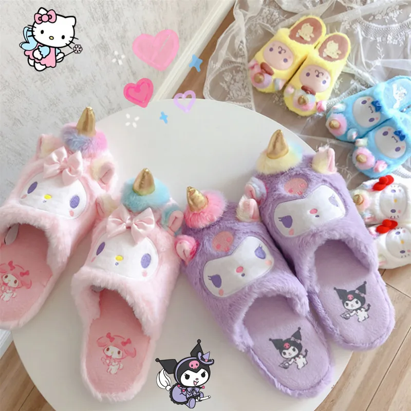 

Cute Unicorn Hello Kitty Slipper Kuromi Melody Cinnamoroll Winter Plush Shoe Girl Indoor Dormitory Flip Flop Student Kawaii Gift
