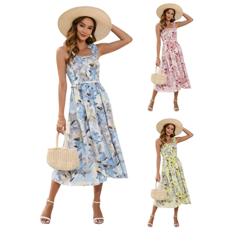 

Летнее сексуальное платье без рукавов с цветочным принтом и открытой спиной, Повседневное платье с квадратным вырезом