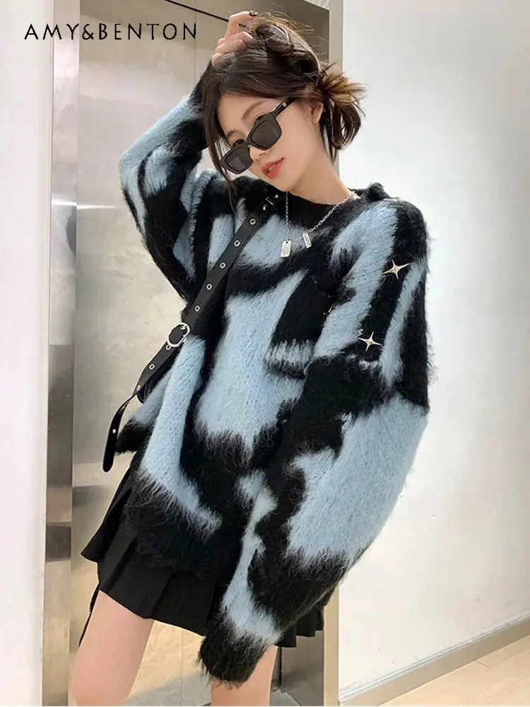

Mohair Sweater for Women Autumn Winter Thickening Soft Glutinous Gentle Loose Lazy Style Slimming Retro Contrast Color Knitwear