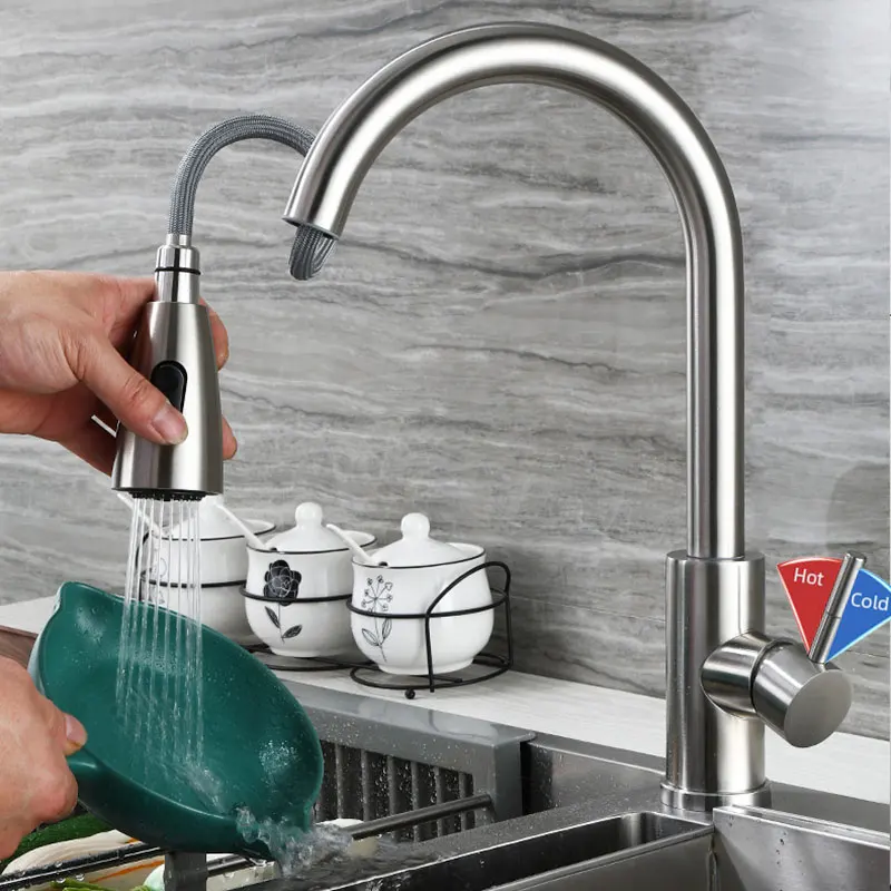 

Brushed Nickel Kitchen Faucet Single Hole Pull Out Spout 360 Degree Rotating Mixer Stream Sprayer Head Hot And Cold Mixer Tap
