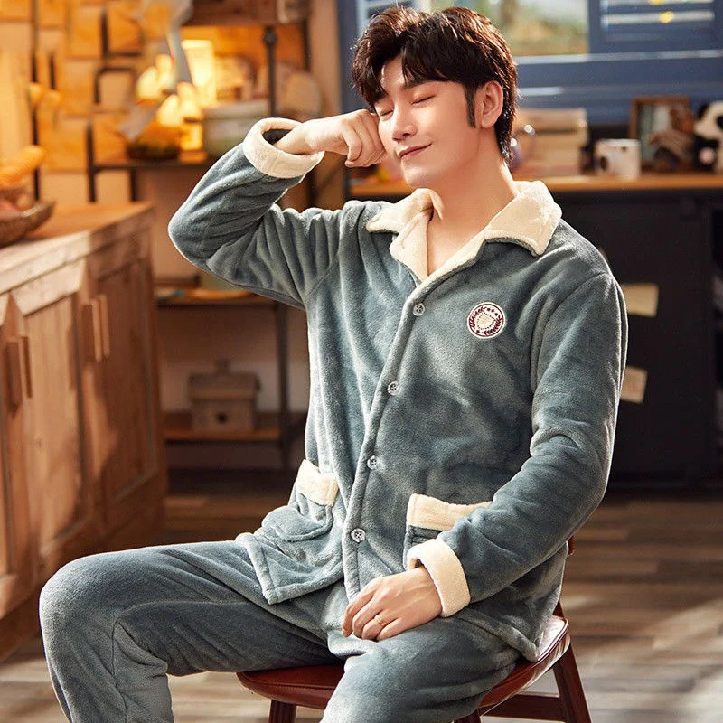 Warm Solid Color Pajamas Set Man Sleepwear For Men Soft Comfortable Pyjama Men's Flannel Fashion Homewear Plus Size
