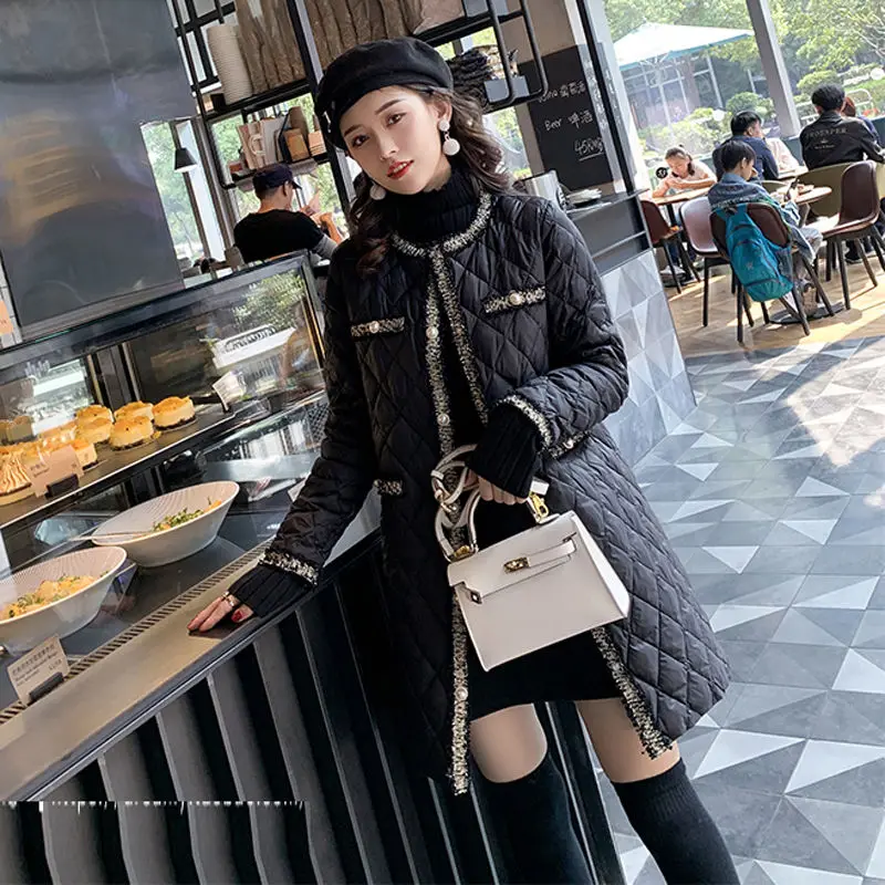 Women Elegant O Neck Button Lightweight Long Warm Outerwear Tassels Patchwork Female Black Padded Jacket 2023 Winter Wadded Coat