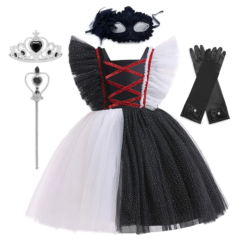 

2022 детский Косплей-костюм Cruella De Vil для Хэллоуина, для девочек, с бантом, детская одежда черного и белого цветов