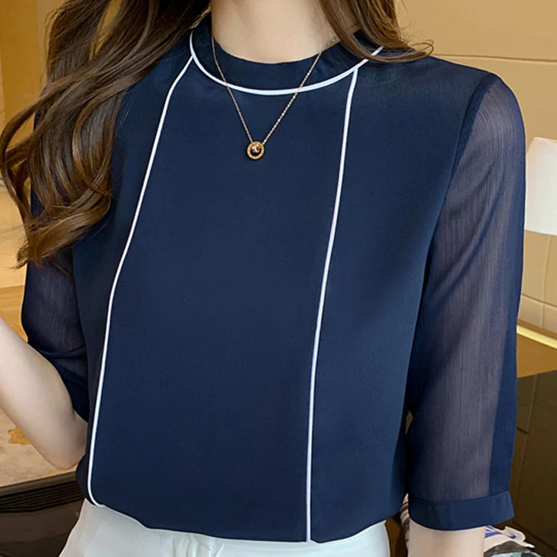 

Summer Women Blouse O-Neck Blue Chiffon Blouse Shirt Tops Women Short Sleeve Blouse Women Blusas Mujer De Moda 2021 Blouses F97