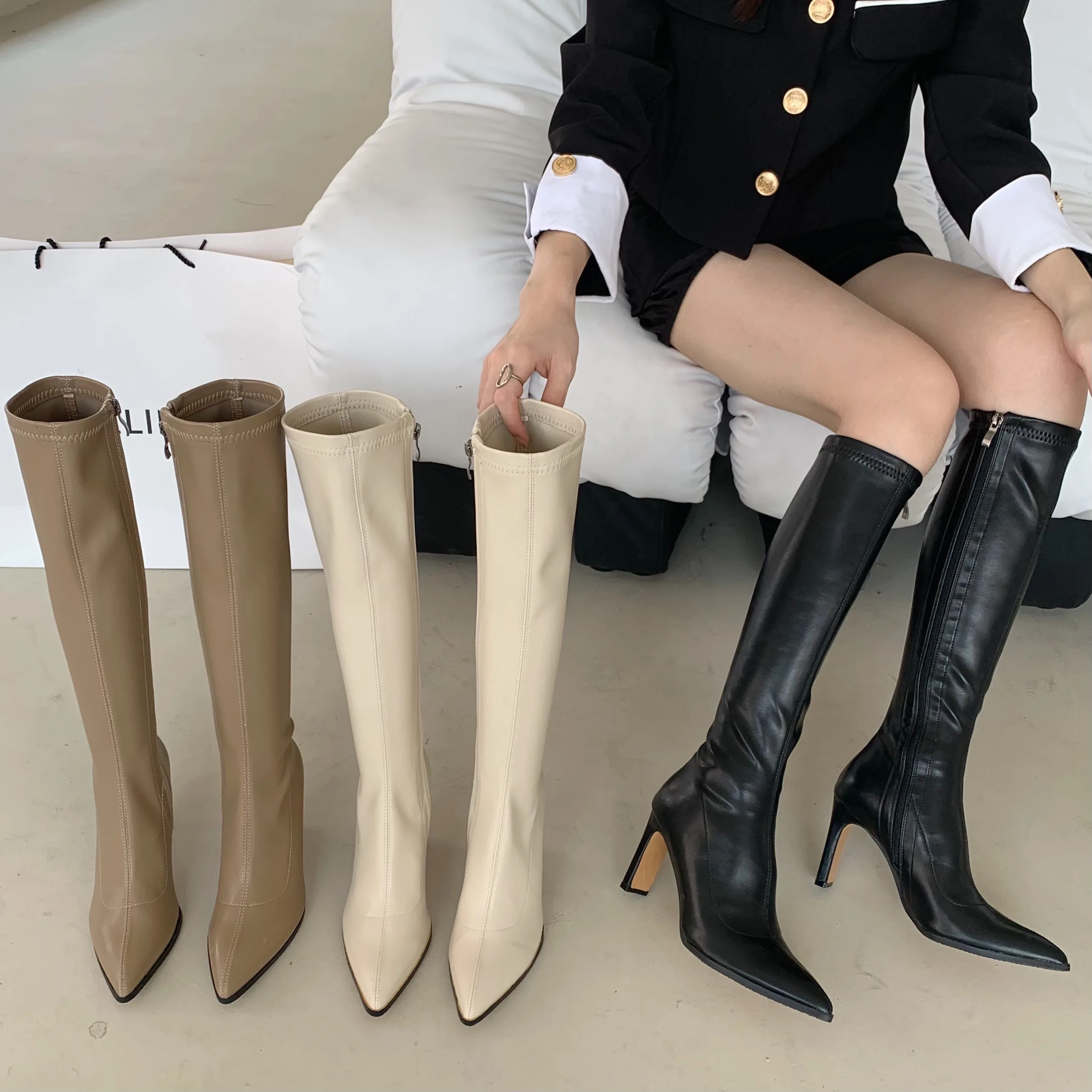 

Pointed Toe Women Knee High Boots Sock Booties Stretch Shoes Thick High Heels 2022 Knight Bootie Side Zipper Party Pumps Shoes