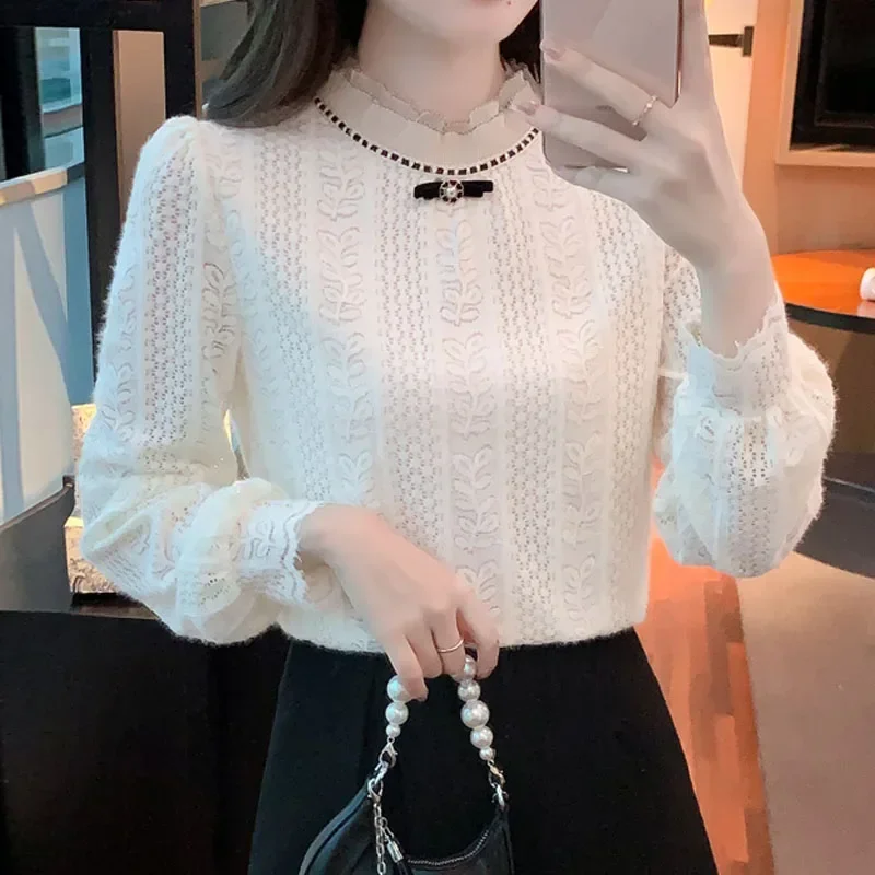 Модная женская блузка с рюшами и бантом кружевная длинным рукавом рубашка