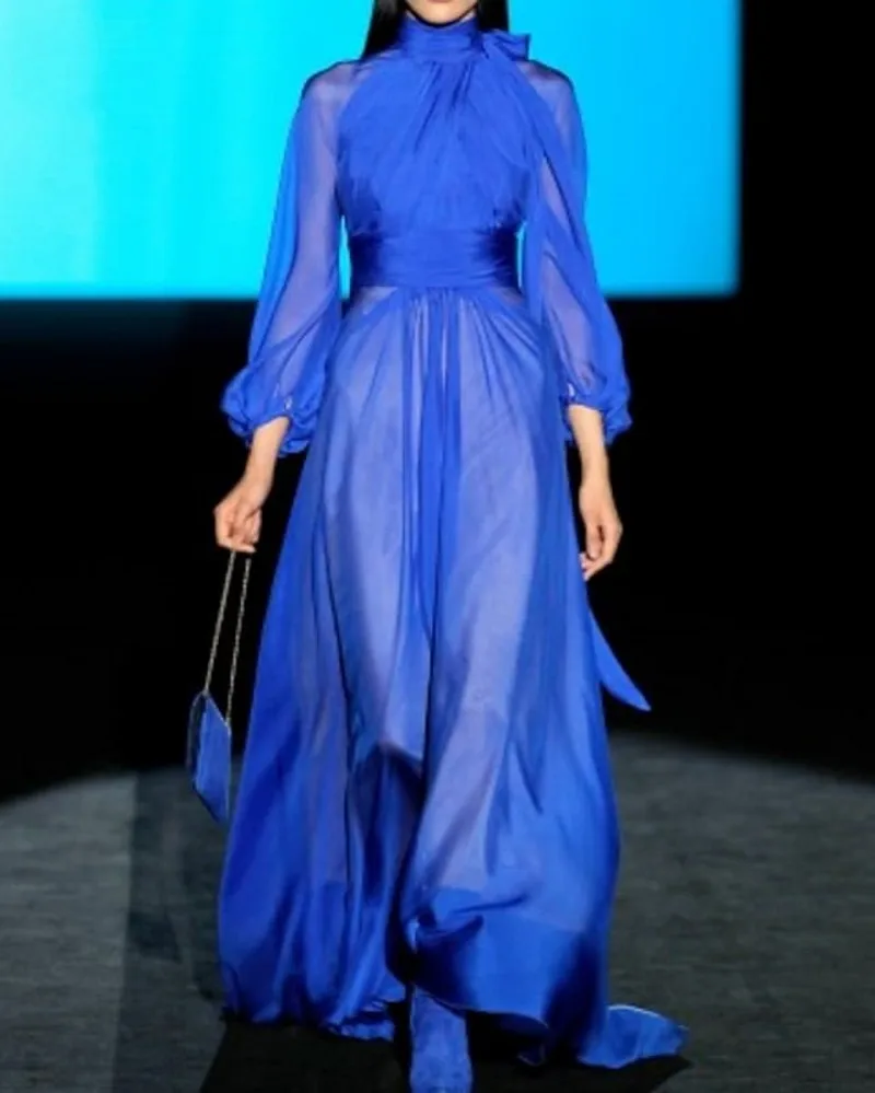 

Elegant Royal Blue Evening Formal Dresses High Neck Long Sleeve Chiffon Prom Party Gowns New Robe De Soiree Vestidos Longo