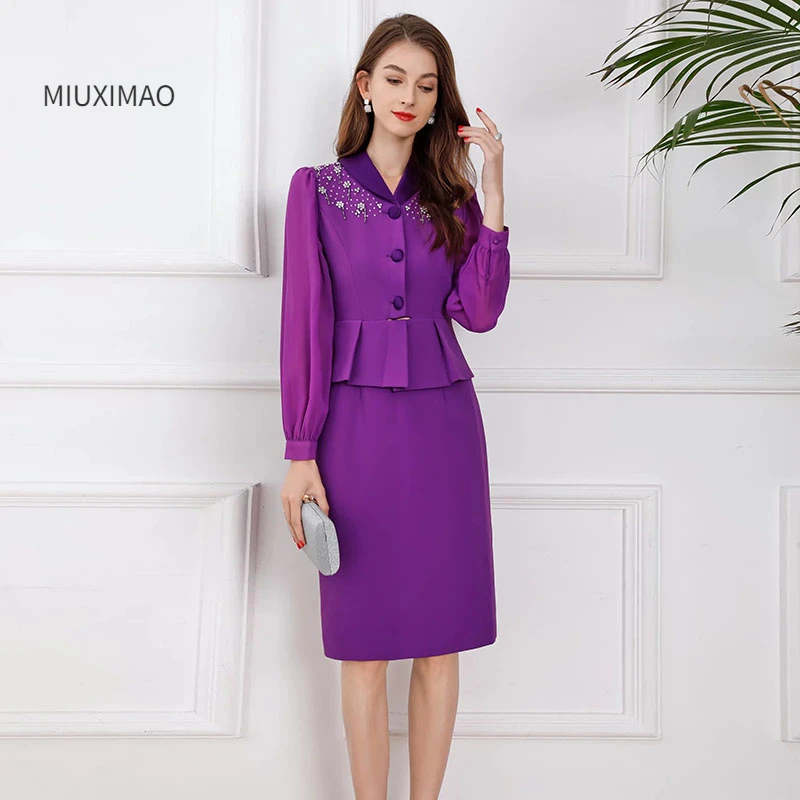 

MIUXIMAO 2022 High Quality Spring/ Summer Elegant Dress Fake Two Piece Diamonds Gauze Fashion Office Dress Women Vestides