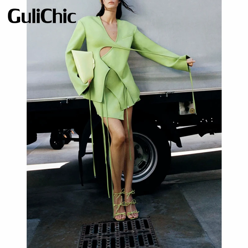 

8.9 GuliChic Women Temperament Casual Solid Color Criss-Cross Lace-Up Slim V-Neck Blazer Jacket